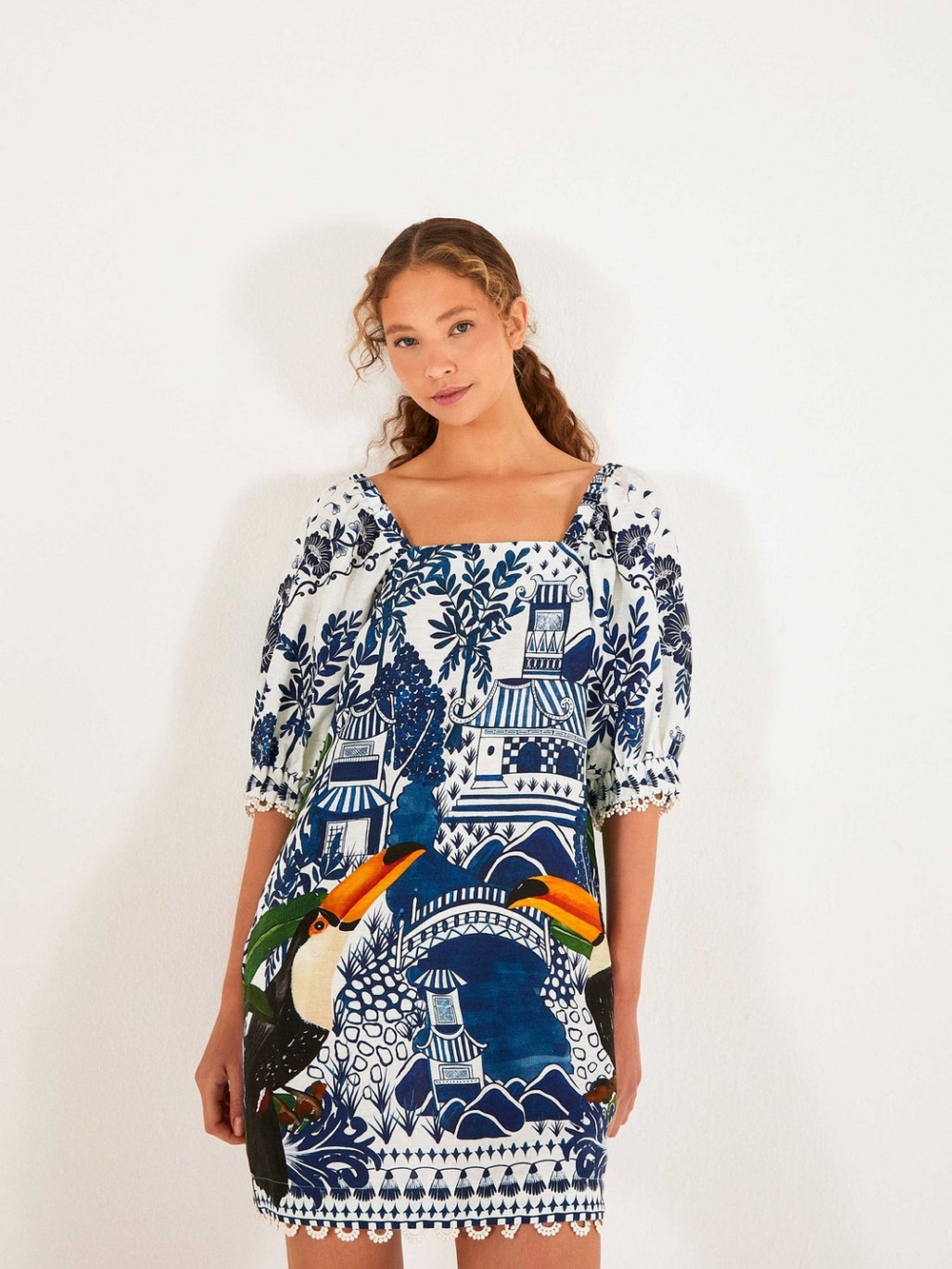 Farm Rio Ancient Garden Mini Dress Toucan Pagoda Linen Blend XS NWT - Picture 3 of 11